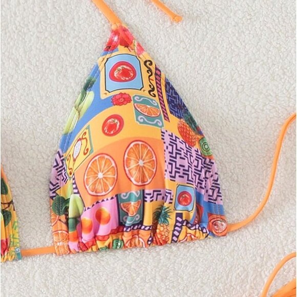 Women's 2 Piece Bikini Sets Graphic Print Triangle Halter Tie Back Bathing Suit - Picture 3 of 5